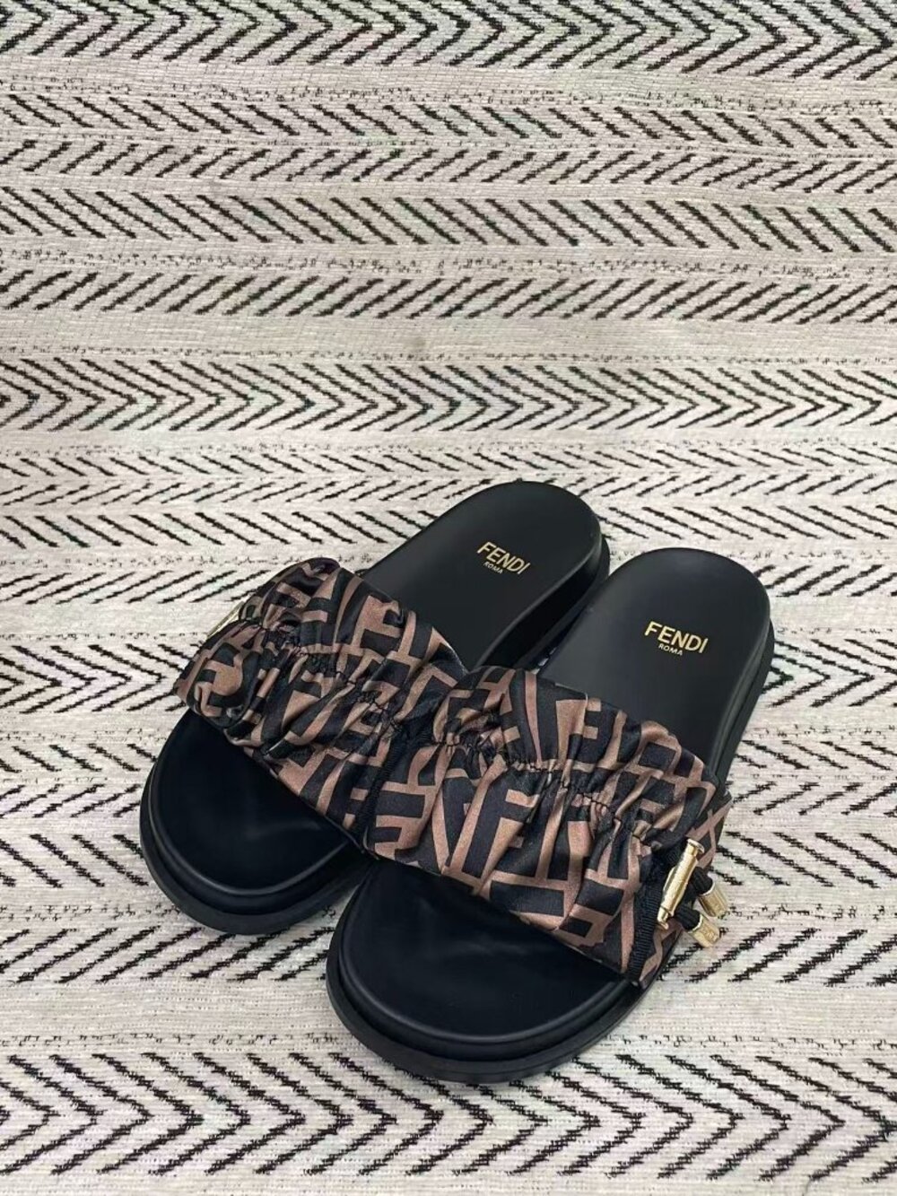 Fendi FF All Over Print Ruched Strap Slip On Platform Slide Sandals